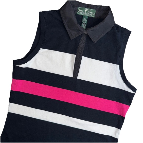 L-RL Ralph Lauren Active Tank Top Womens Small Black Pink White Collar Pullover - Picture 1 of 6